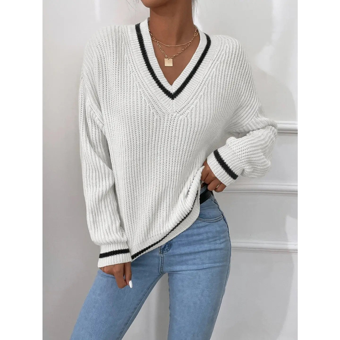 Campus Striped Trim Drop Sleeve Sweater