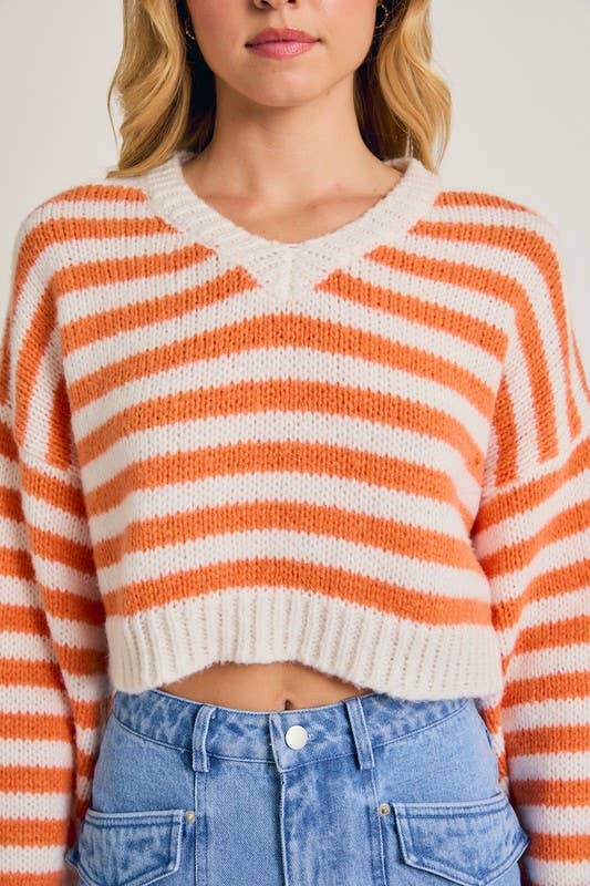Long Sleeve V-Neck Striped Cropped Sweater