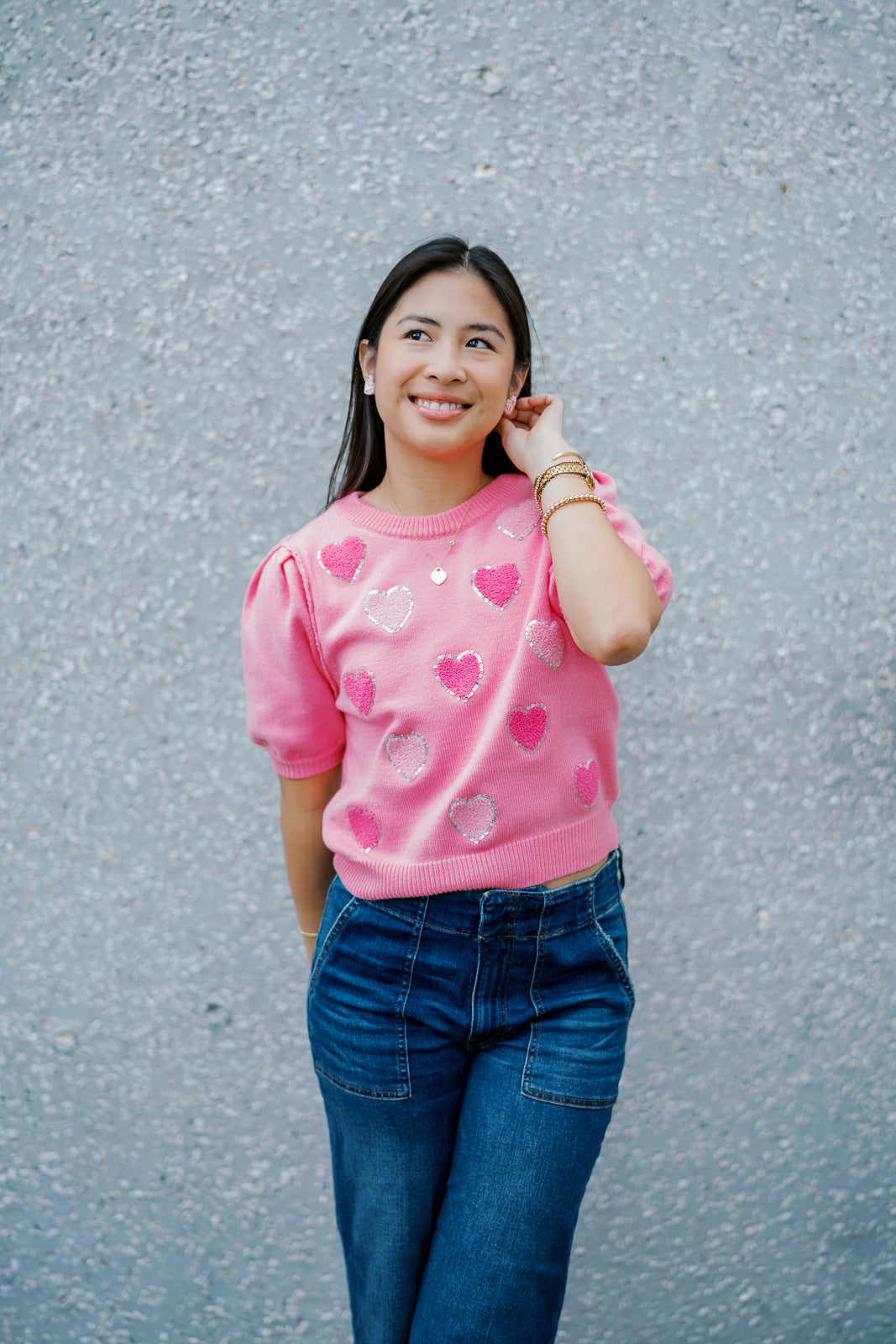 Sequined Heart Puff Sleeve Top