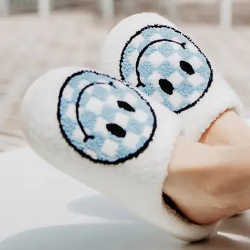 Blue Checkered Happy Face Slippers