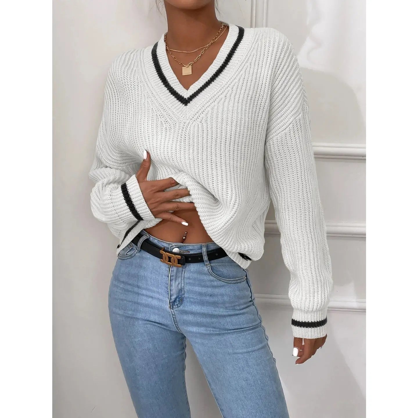 Campus Striped Trim Drop Sleeve Sweater